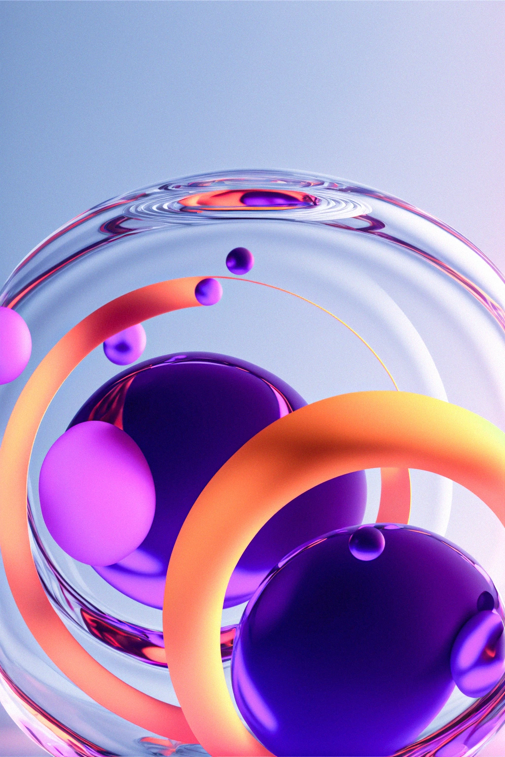Grape orbital artwork: a glass sphere with purple forms and orange orbital rings, based on the original technical paper